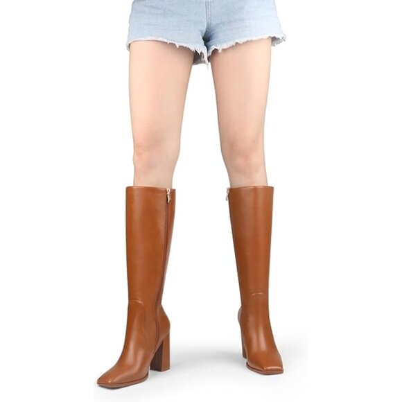 Zzheels Women's 10.5 Light Brown Boots Square Toe Chunky Side Zipper Heeled Long - Picture 1 of 11
